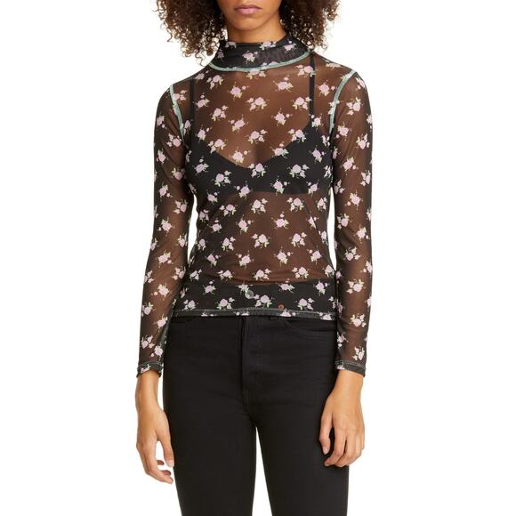 Sandy Liang Promise Floral Print Sheer Turtleneck Top - M Tablecloth-Black - Picture 1 of 5